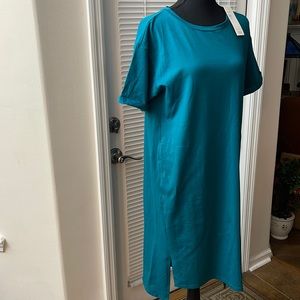 Eileen Fisher Organic Cotton Teal Stretch Jersey Short Cuffed Sleeve Dress - S